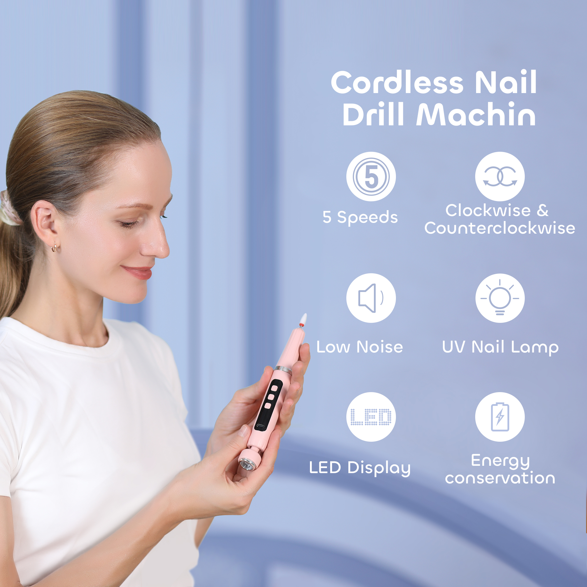 2 in 1 Electric Nail Drill and UV Nail Lamp, Pink Portable Cordless Nail File Machine with Movable UV Light for Gel Nails Polishing Curing